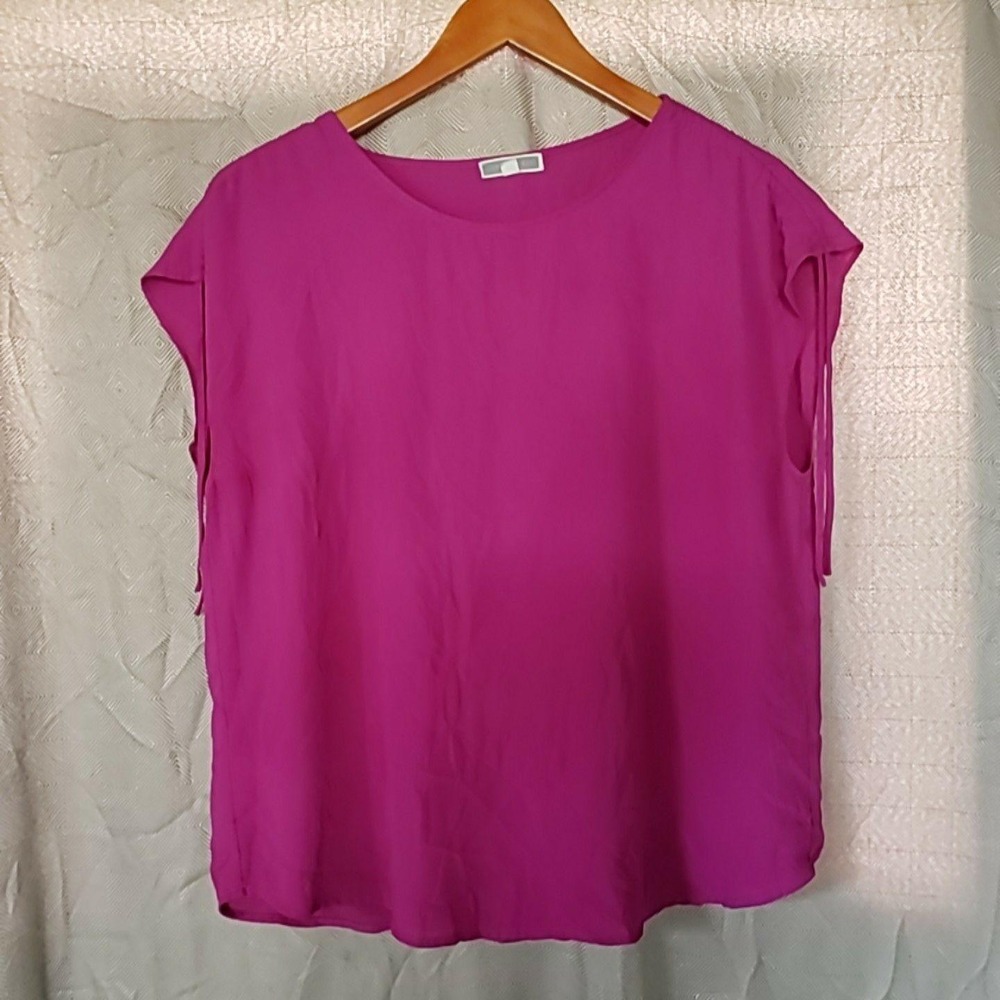 Pleione Blouse Womens Large Pink Scoop Neck Cap Sleeve Woven Solid Tunic Top
